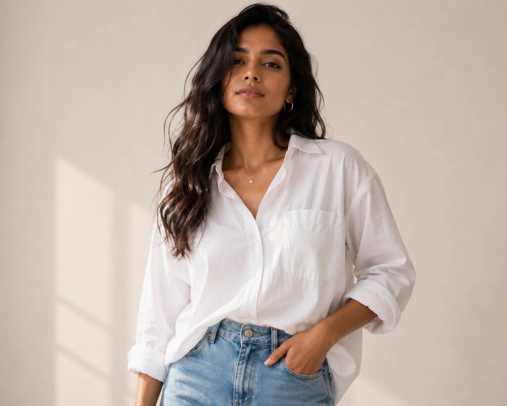 How to style oversized shirts with straight-leg jeans for women