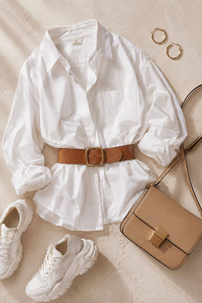Oversized shirt outfit accessories including belt and bag for women