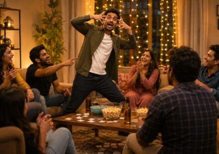 Friends playing movies for dumb charades at a fun game night party