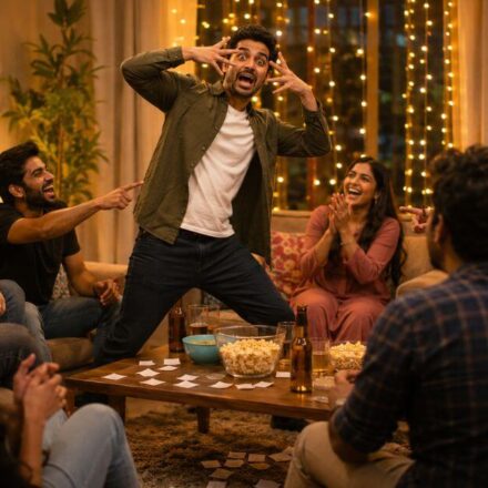 Friends playing movies for dumb charades at a fun game night party