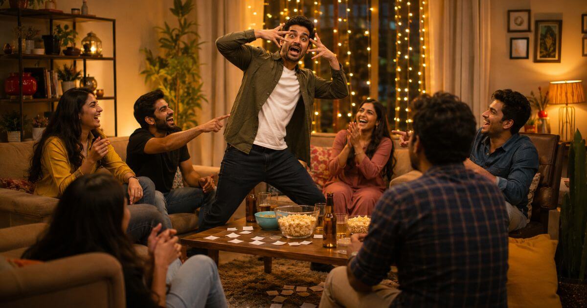 Friends playing movies for dumb charades at a fun game night party